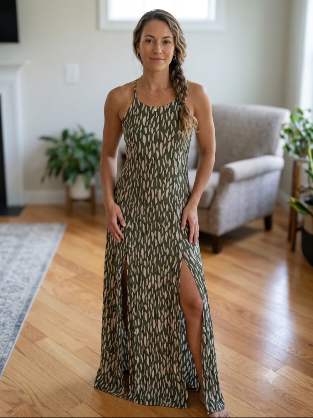 Olive Green Printed Maxi Dress with Side Slits
